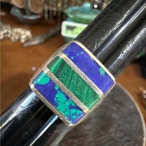 925, Sterling Silver Azurite & Malachite vintage Mexico ring size 11